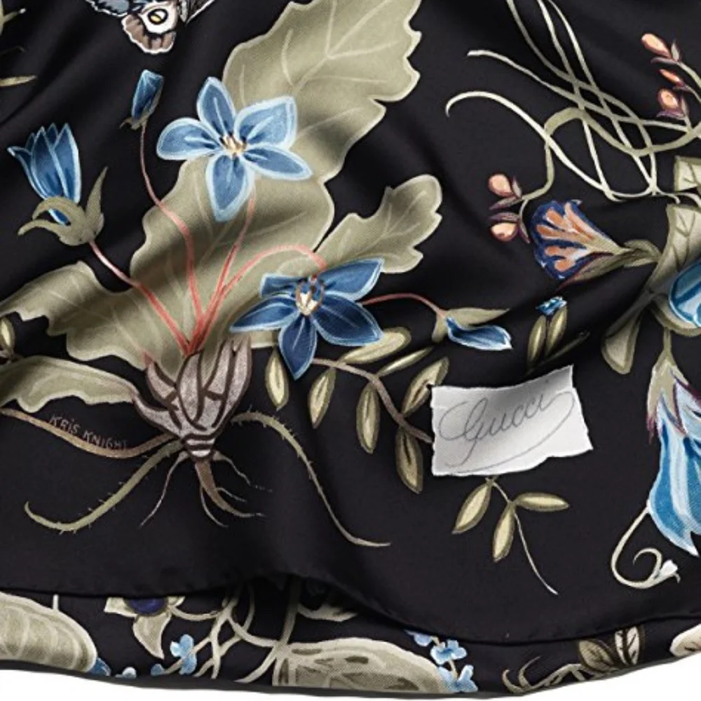 New Gucci Flora Kris Knight Black Silk Scarf
